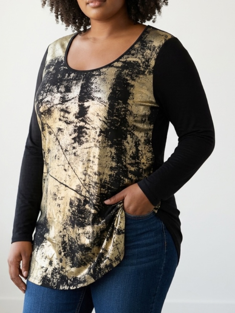Cupio Black & Gold Metallic Scoop Neck Long Sleeve Top Women’s Size XL